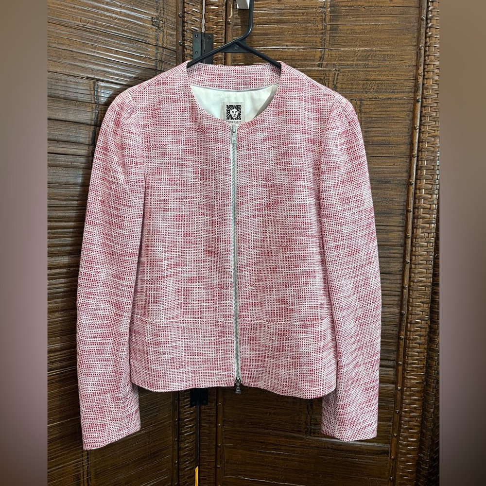 Anne Klein Chic Red and White Tweed Zip Up Blazer / Jacket, Size 4
